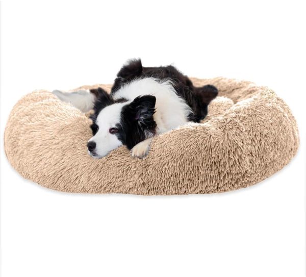 BROOKLYN Calming Donut Dog Bed (60cm-100cm) - Anti-Anxiety, Machine Washable, Ultra Soft, Faux Fur Pet Bed – Made For Small, Medium, Large and XL Dogs (Beige, Small)