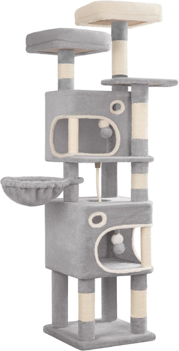 Cat Scratching Post with 8 Scratching Posts, 3 Platforms, 2 Caves, Basket, Plush Balls, Sisal Rope, Suitable for Cats of Various Sizes, Light Grey