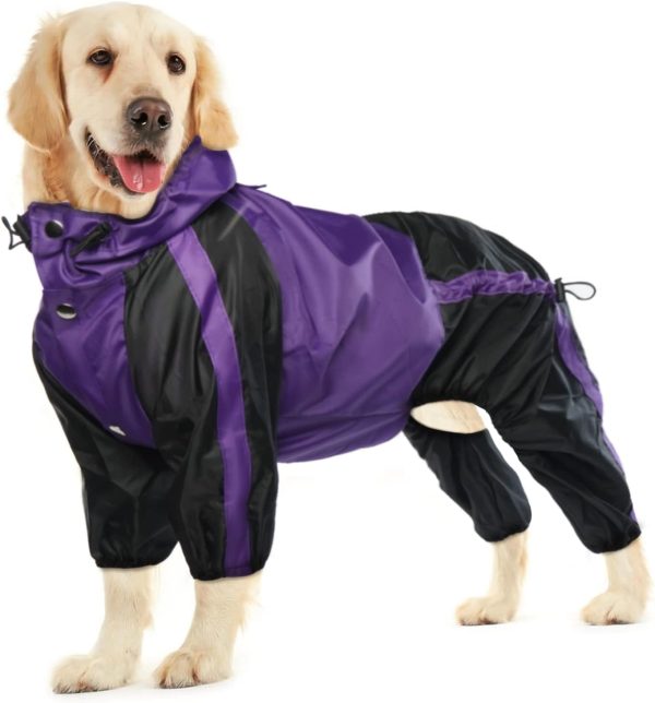 Dog Raincoat for Large Dogs, Waterproof Dog Rain Jackets Adjustable Rain Poncho, 4 Legs Pet Rain Coat with Hood, Snow-Proof Dog Vest Rainwear, Lightweight Rain Clothes Apparel with Leash Hole