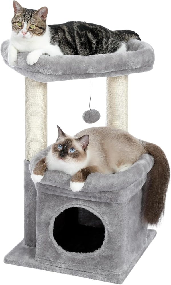 Small Cat Tree, Multi-Level Cat Tower with Sisal-Covered Scratching Post, Cozy Cat Condo and Large Cat Perch for Indoor Cats, Grey