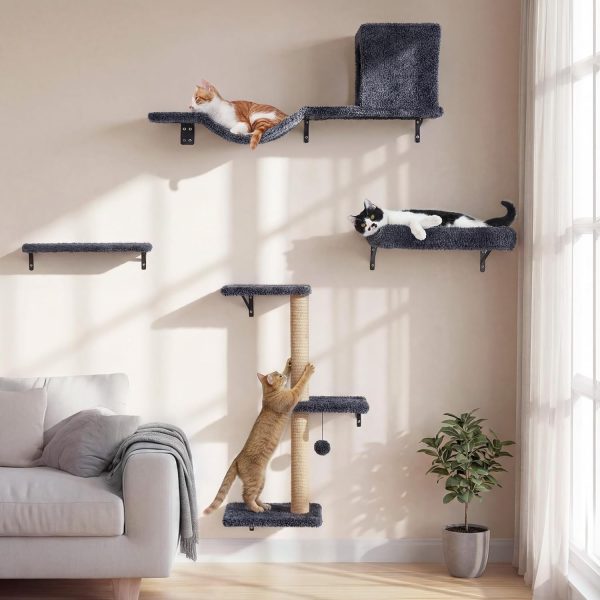 Wall Mounted Cat Shelves, 4 in 1 Wall Mounted Furniture Set, Wooden Climbing Wall with Scratcher, Bridge and Bed for Cat, Gray