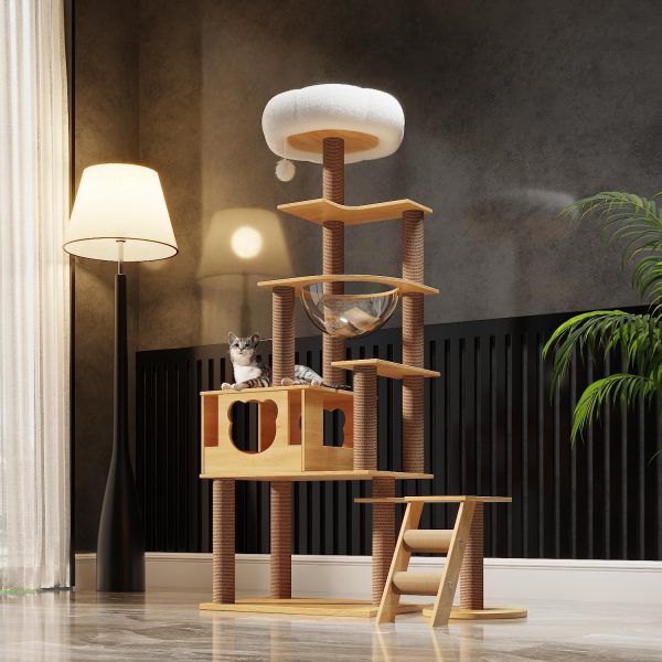 Cat Tree for Large Cats, 8 Levels, Transparent Space Capsule, Plush Jumping Platform, Play Ball, Sisal Scratching Post for Claws (Wood Color), 165 cm