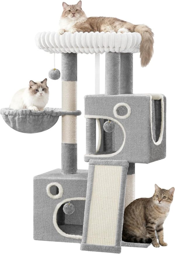 98cm Cat Tree, Cat Tower for Indoor Cats, Multi-Level Cats House Furniture with Scratching Post, 2 Caves, Large Platform, Scratching Ramp, Pompom, Light Grey